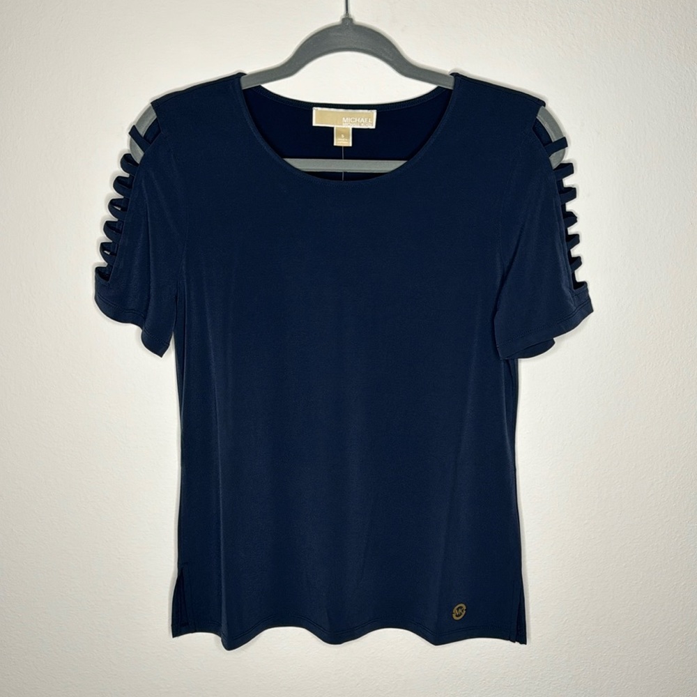 💜🤩 Michale Kors Midnight Blue Ladder Cut, Short Sleeve Blouse💜🤩
